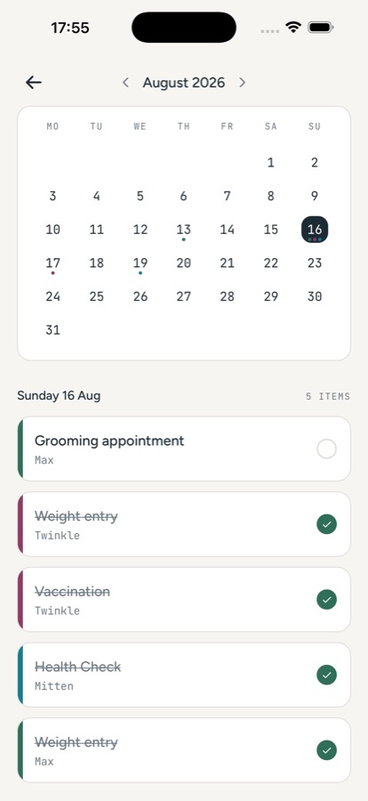 Pet HQ app screen showing a month calendar for August 2026 with appointments marked, and a day list underneath showing grooming, weight entry, vaccination, and health check items