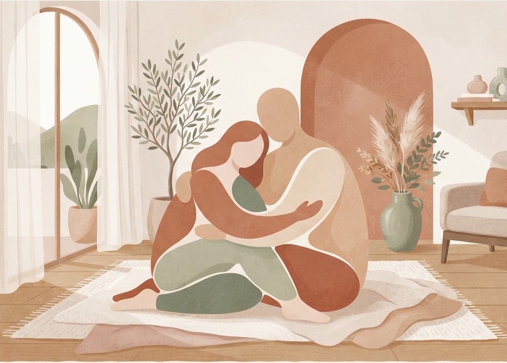 Illustration of two people embracing supportively